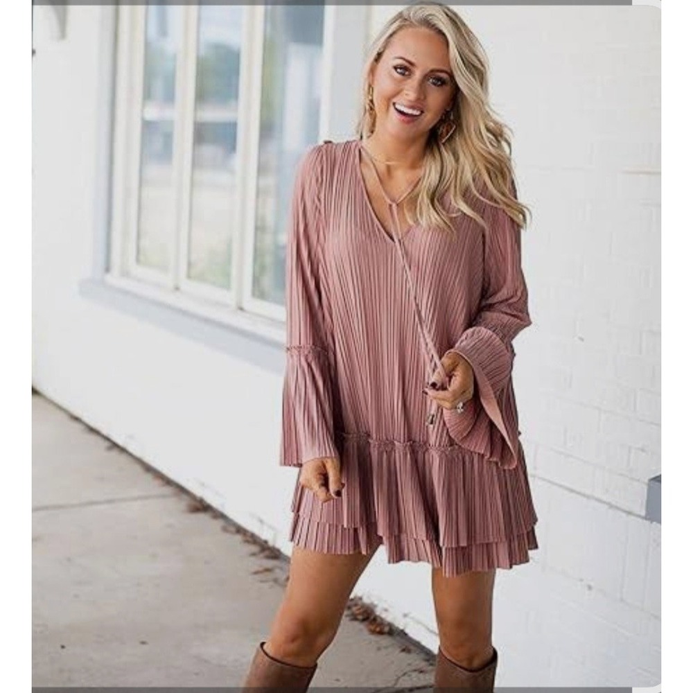 Free People Can't Help It Pleated Swing Dress Size XS Dusty Rose Tassels Flare - Picture 4 of 14